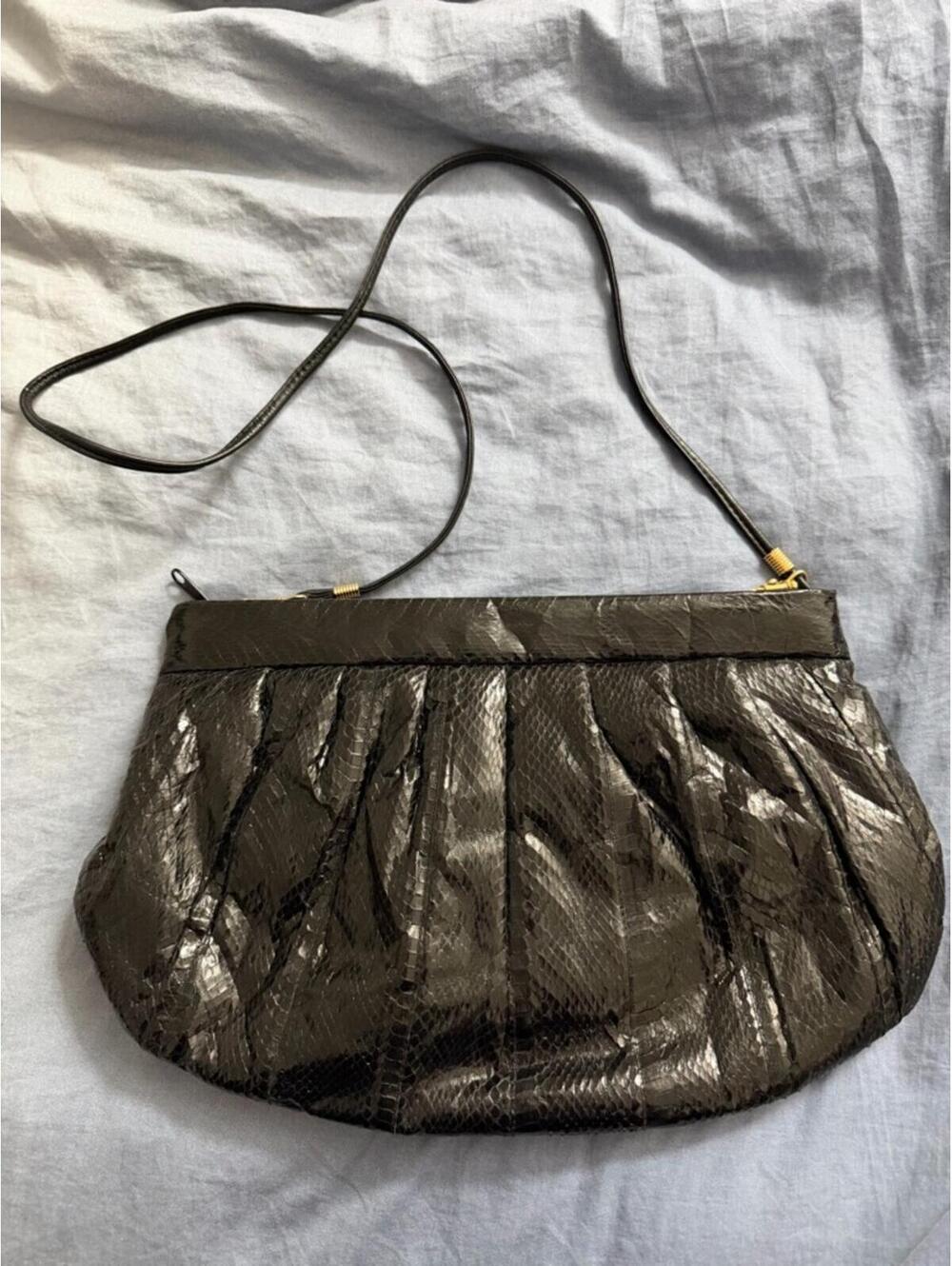 VTG 90s Black Genuine Snakeskin Crossbody Bag Slouchy Shoulder Clutch Purse